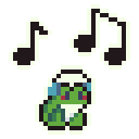 frog with headphones on, musical notes to the side bob up and down